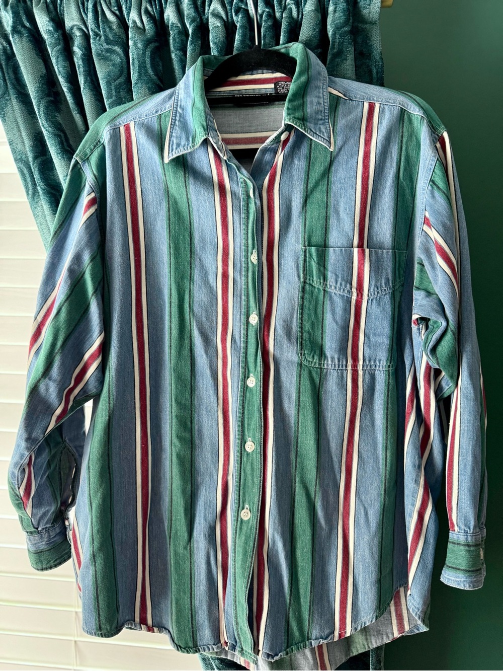 Men's Retro Green & Blue Striped Button-Up Shirt